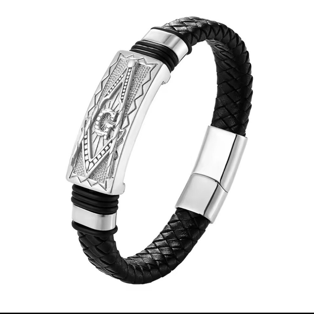 Silver and Black Braided Leather Bracelet with Tribal Design